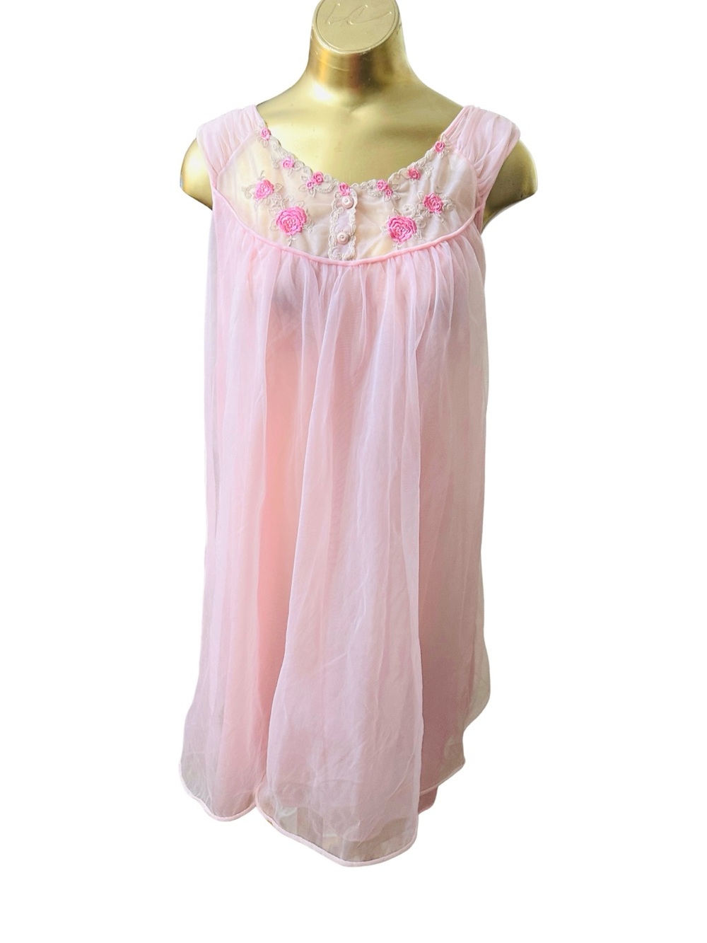 Vintage Pink Embroidered Babydoll Chiffon Nightgown - Women - Small